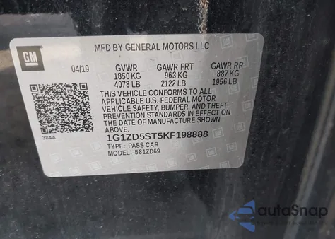 2019 Chevrolet Malibu Lt из США, поврежденный, VIN 1G1ZD5ST5KF198888